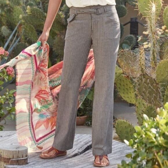 Sundance Rory Striped Belted Linen Pants - Gray & White - Picture 1 of 8